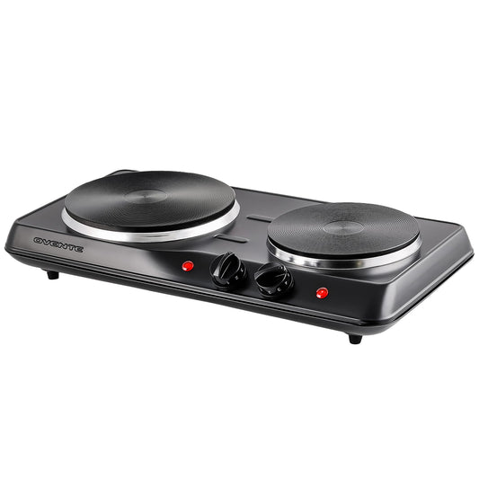 OVENTE Electric Countertop Double Burner, 1700W Cooktop with 7.25" and 6.10" Cast Iron Hot Plates, Temperature Control, Portable Cooking