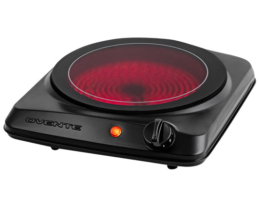 OVENTE Countertop Infrared Single Burner, 1000W Electric Hot Plate with 7” Ceramic Glass Cooktop, 5 Level Temperature Setting & Easy to Clean Base