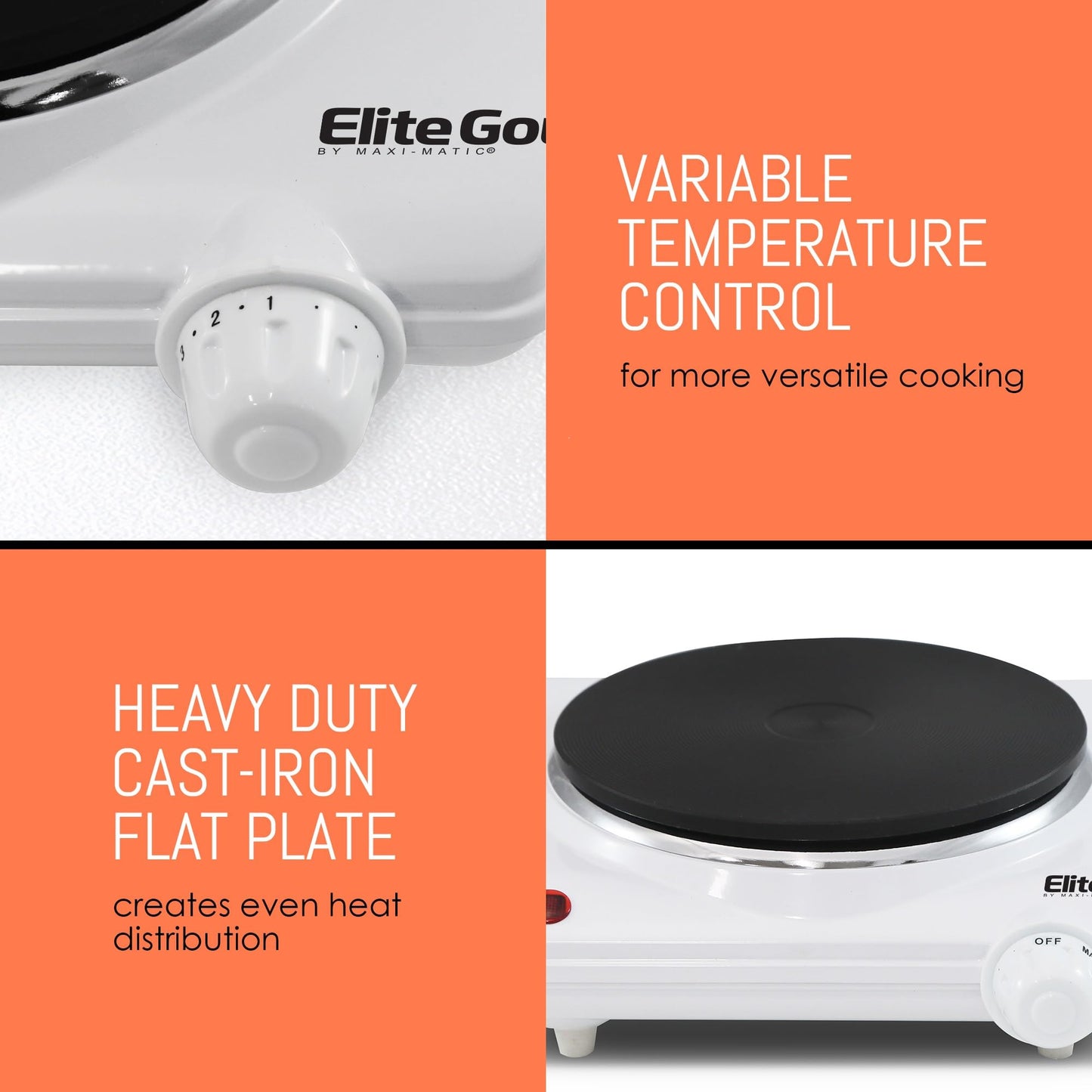 Elite Gourmet ESB-301F Countertop Single Cast Iron Burner, 1000 Watts Electric Hot Plate, Temperature Controls