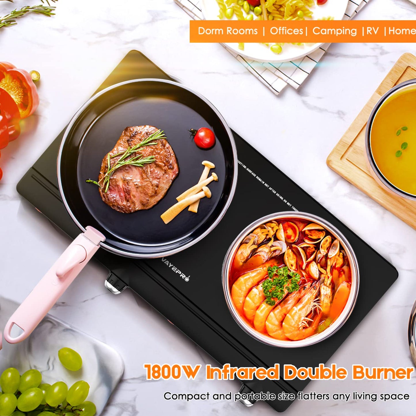 Electric Hot Plate for Cooking, Infrared Double Burner,1800W Portable Electric Stove,Heat-up In Seconds,Countertop Cooktop for Dorm Office Home Camp