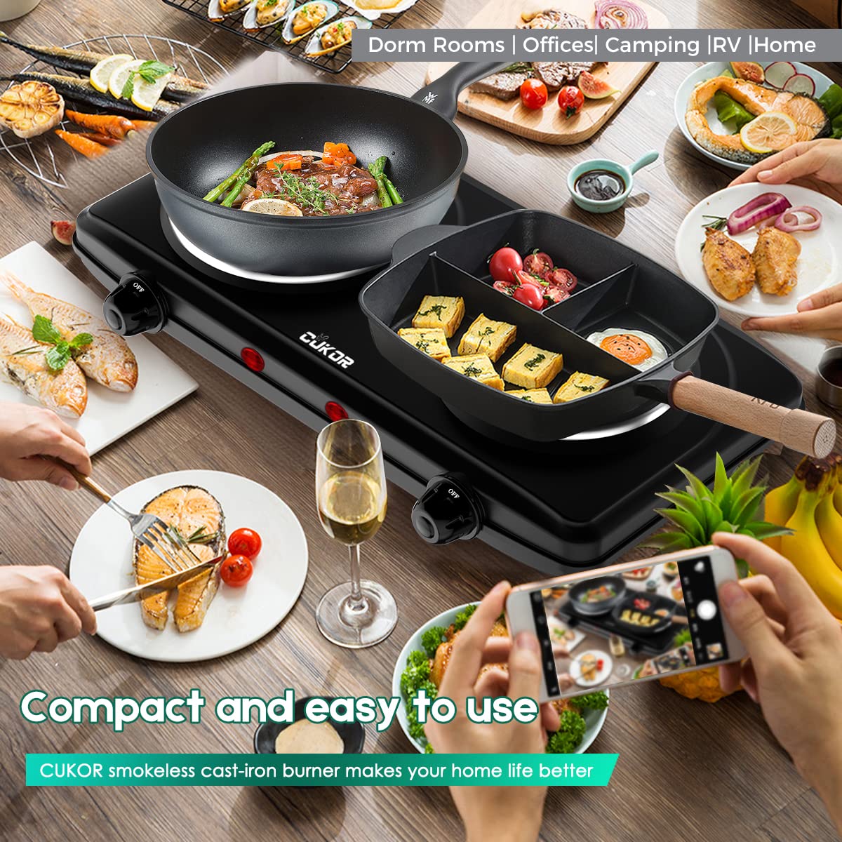 CUKOR Electric Hot Plate, Double Cast Iron 2 Burner,1800W Countertop Burner, Dual Electric Stove Burners, Portabel Electric