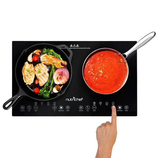 NutriChef Double Induction Cooktop - Portable 120V Digital Ceramic Dual Burner w/ Kids Safety Lock - Works with Flat Cast Iron Pan